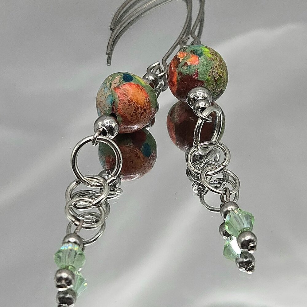 Stainless Steel Imperial Jasper and Crstal Necklace and Earimgs Set - Picture 1 of 9